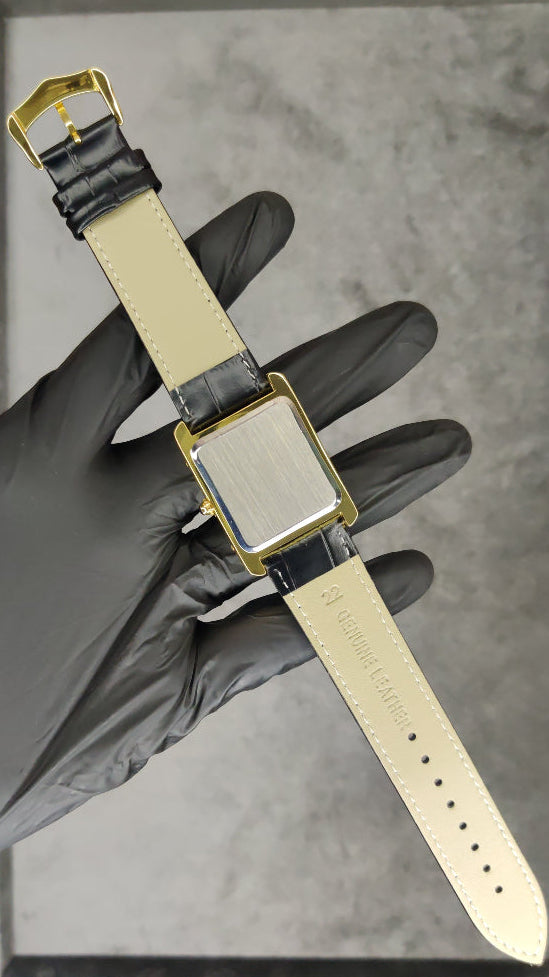 Luxury Cartier Tank Style Gold Rectangular Black Dial Quartz Watch with Black Leather Strap | Classic Dress Wristwatch for Men & Women